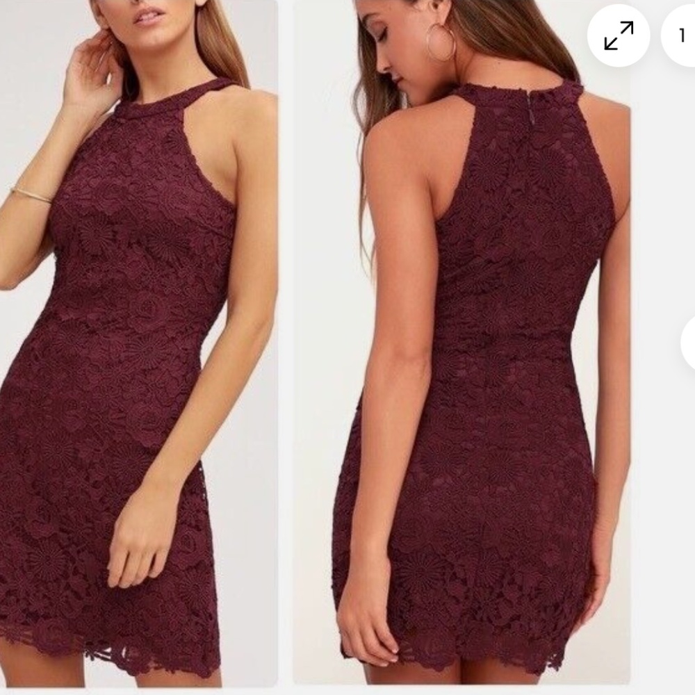 LULU’S Burgundy Love Poem Halter Lace Mini Dress Women's US Size Small